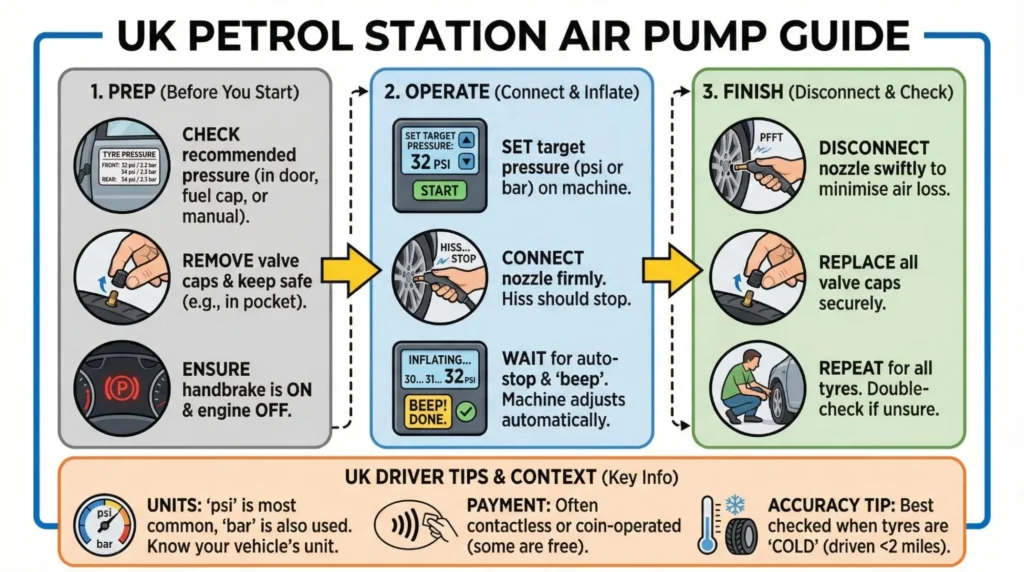 uk petrol station air pump guide