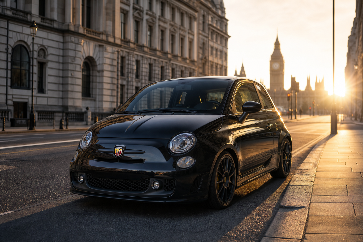 Abarth 695 parked on a London street ready for mobile tyre fitting