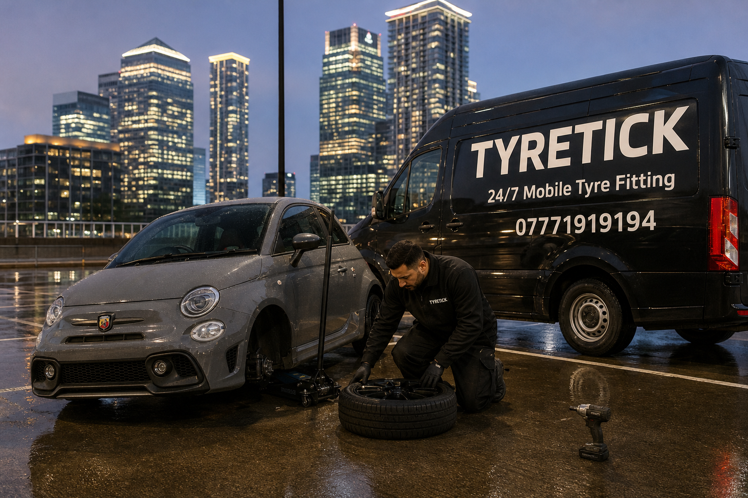 Abarth 695 in a Canary Wharf office car park during mobile tyre fitting