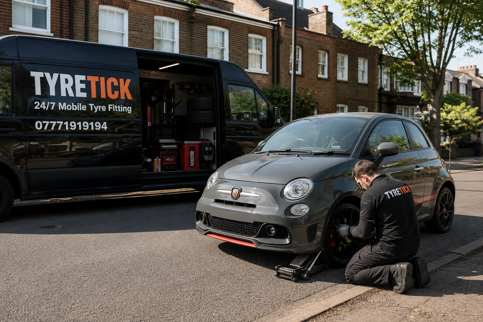 Abarth 595 on a Clapham street receiving mobile tyre service