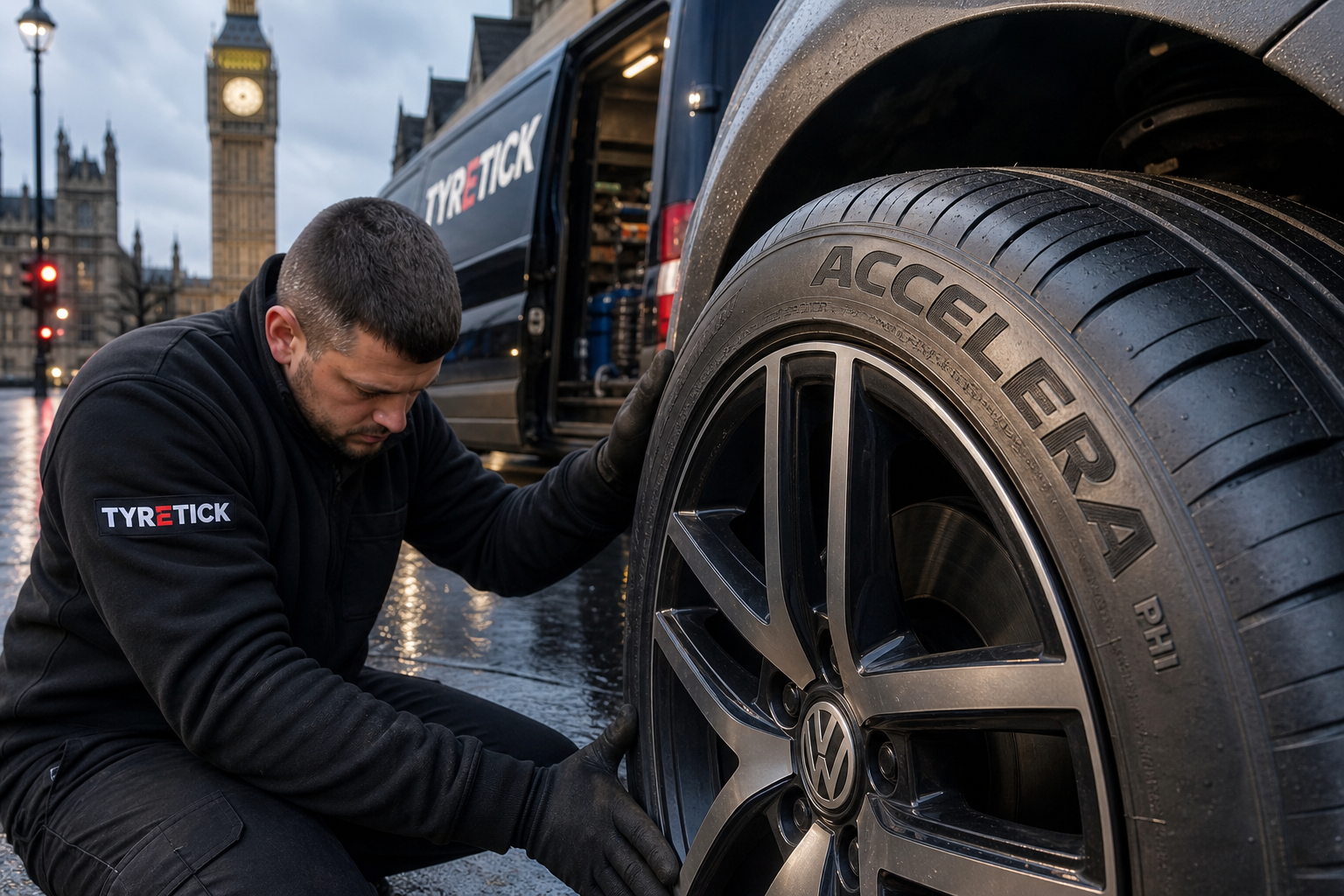 Mobile technician fitting Accelera tyres to a Volkswagen Golf in Westminster