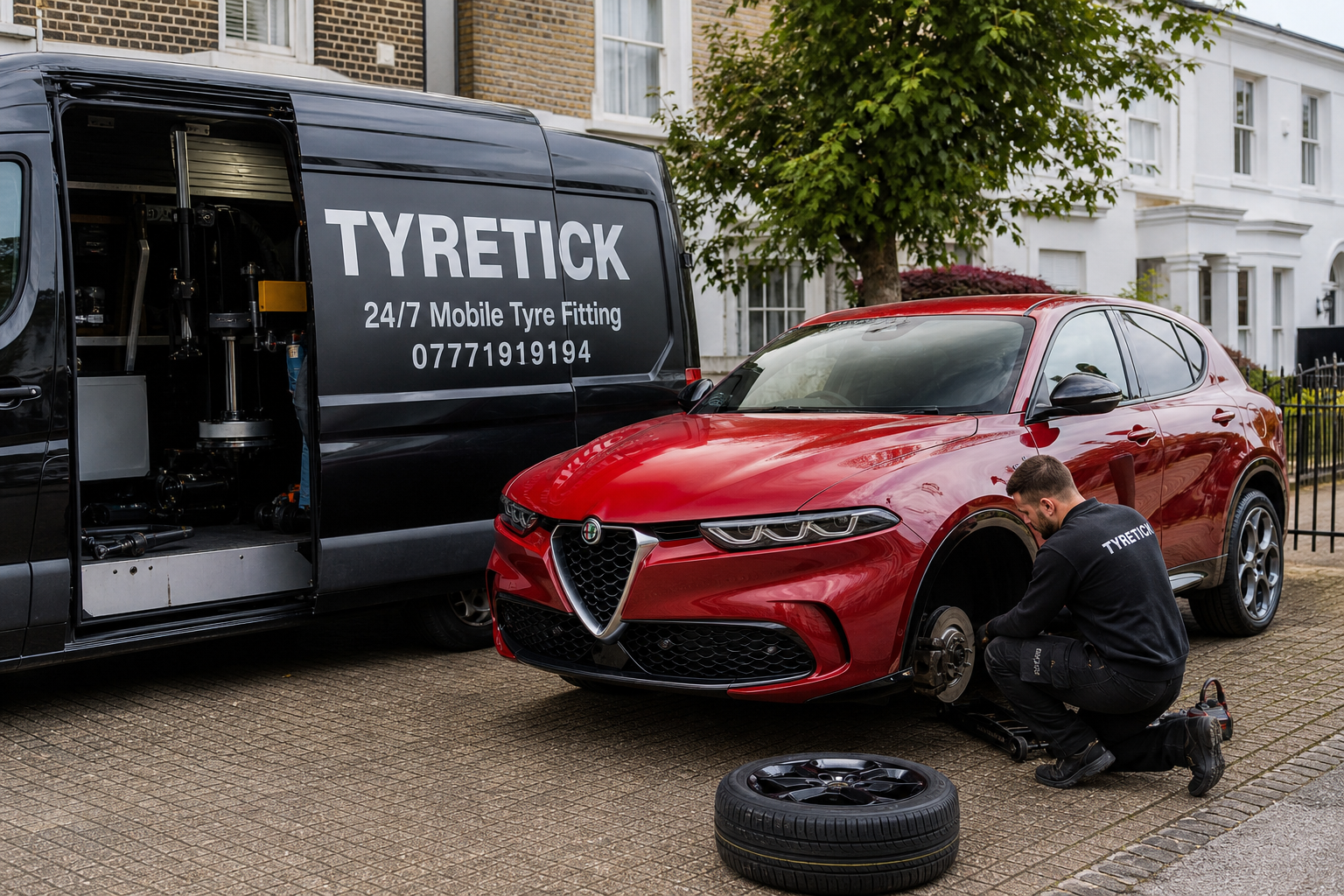 Alfa Romeo Tonale receiving mobile tyre fitting on a Richmond driveway