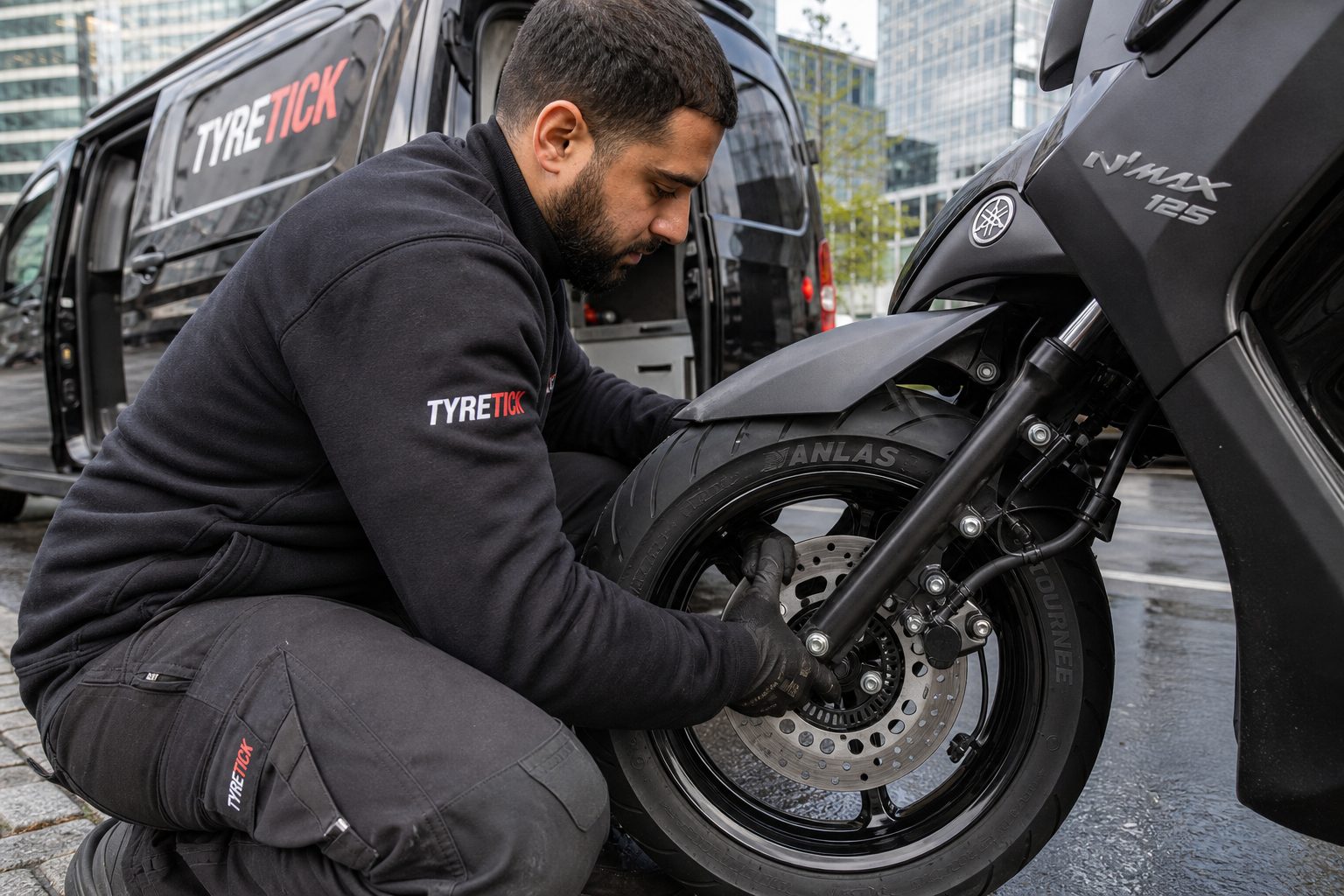 Anlas tyres being fitted to a Yamaha NMAX 125 in Canary Wharf