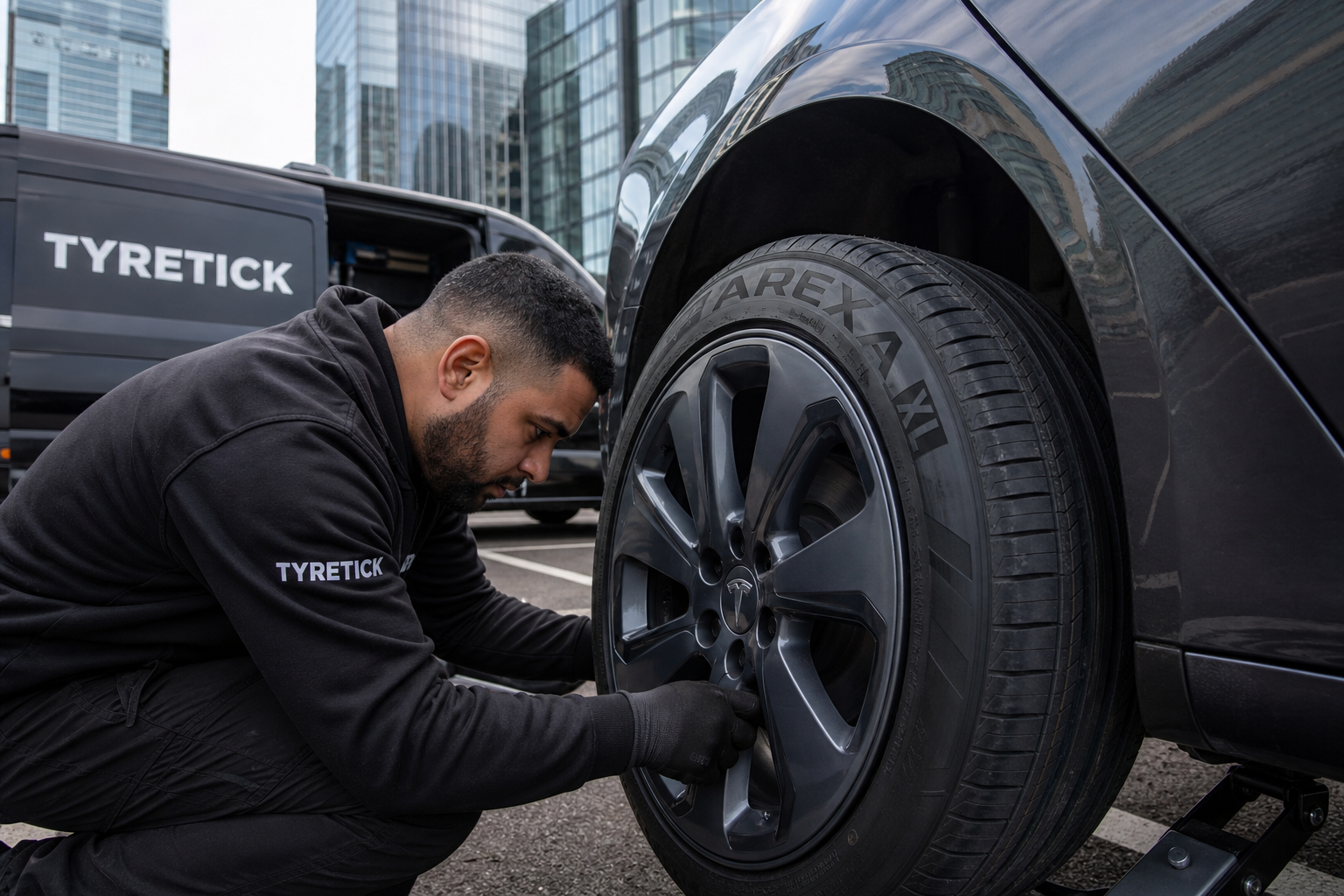 Arexa tyres fitted to a Tesla Model 3 in Canary Wharf