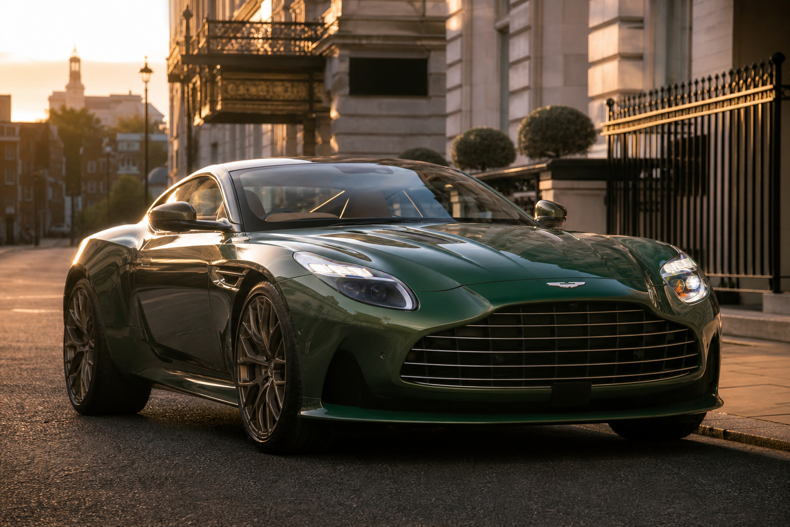 Aston Martin DB12 parked in London with a mobile tyre fitter nearby