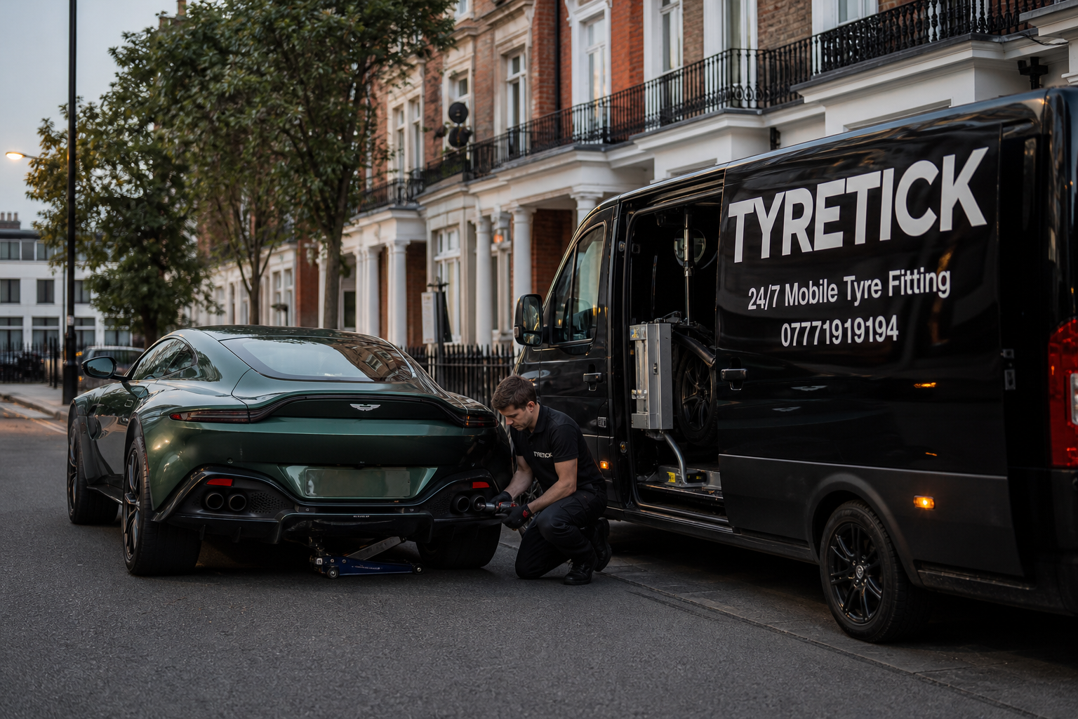 Mobile tyre fitting for an Aston Martin Vantage on a Kensington street