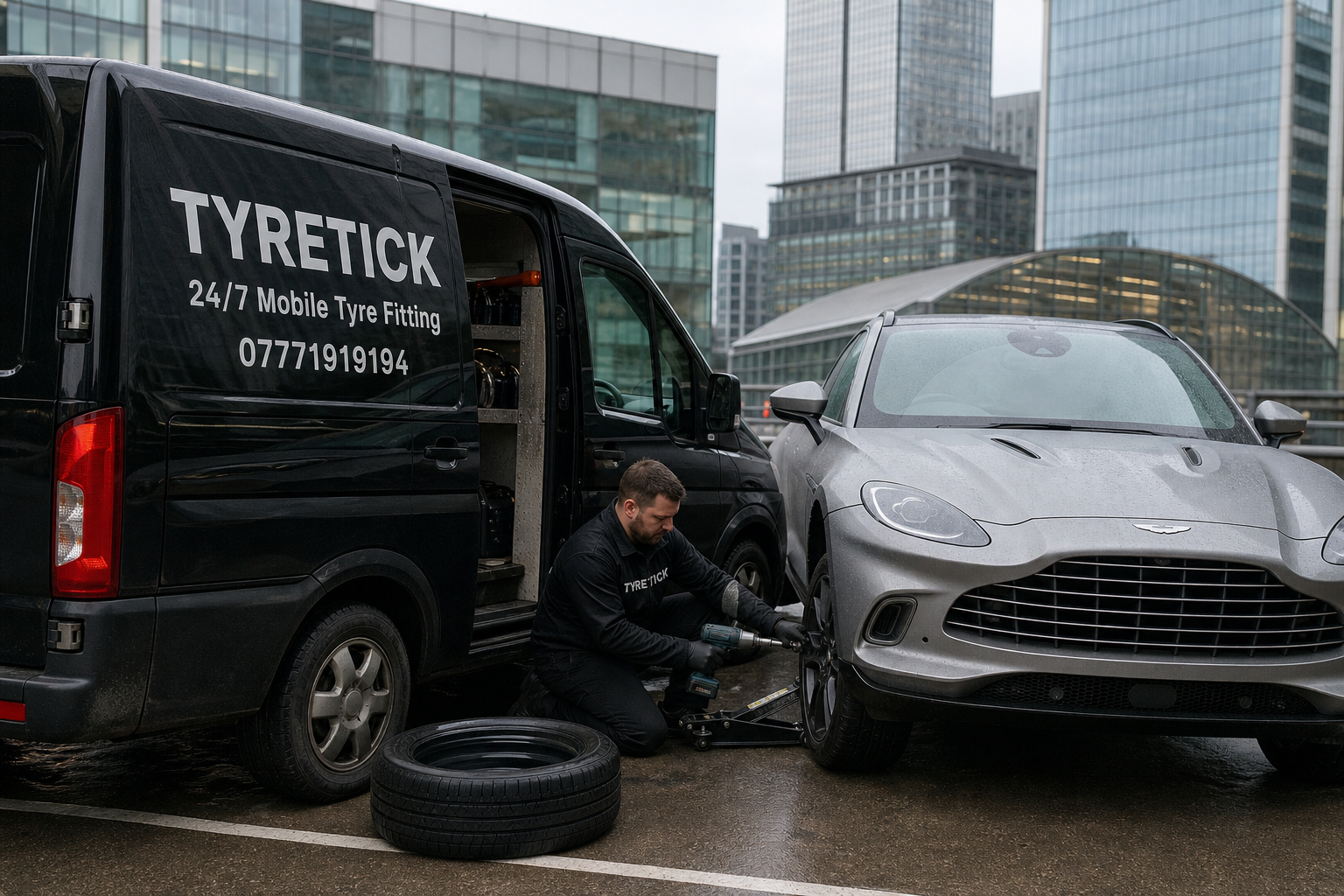 Aston Martin DBX receiving mobile tyre replacement in Canary Wharf