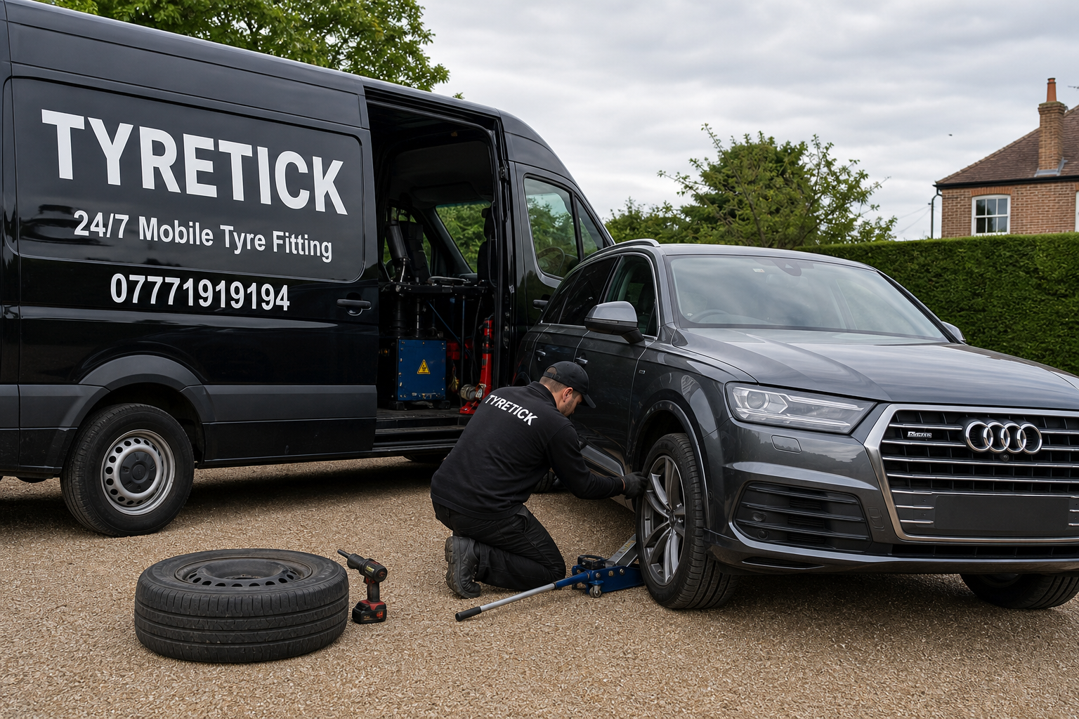 Audi Q7 tyre safety check on a driveway in Richmond