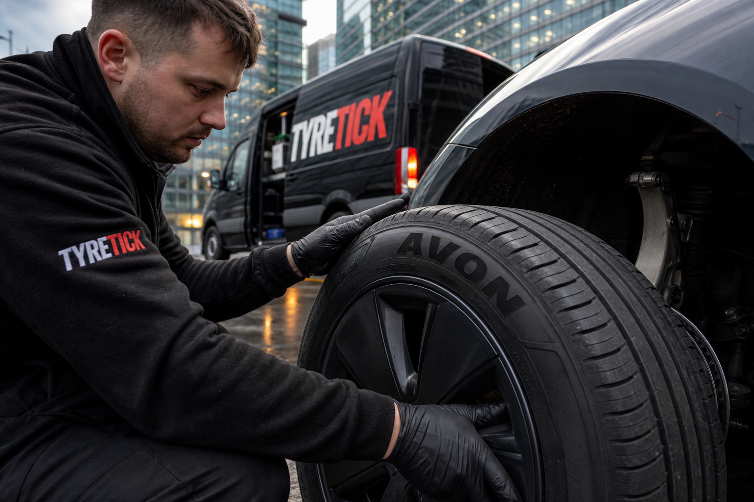 Mobile tyre fitting in Canary Wharf with Avon tyres on a Tesla Model 3