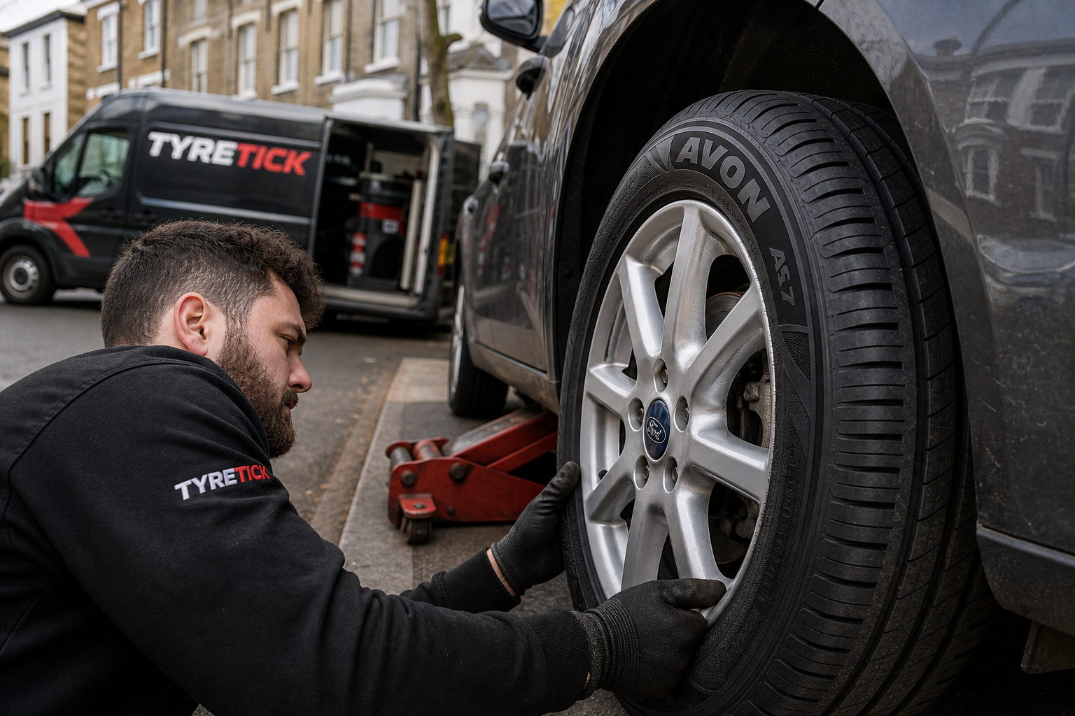 Avon tyres being fitted to a Ford Focus in Clapham