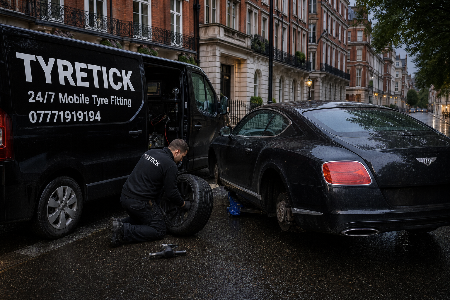 Bentley Continental GT mobile tyre fitting on a wet Mayfair street