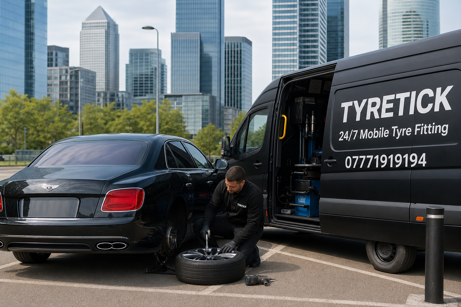 Bentley Flying Spur tyre replacement in a Canary Wharf office car park