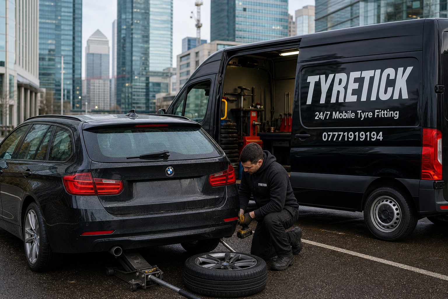 Mobile tyre fitting for a BMW 3 Series Touring in Canary Wharf office car park