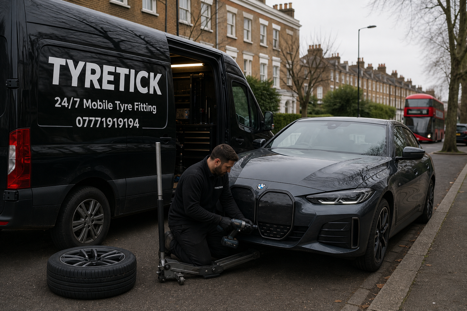BMW i4 receiving mobile tyre service on a Clapham residential street