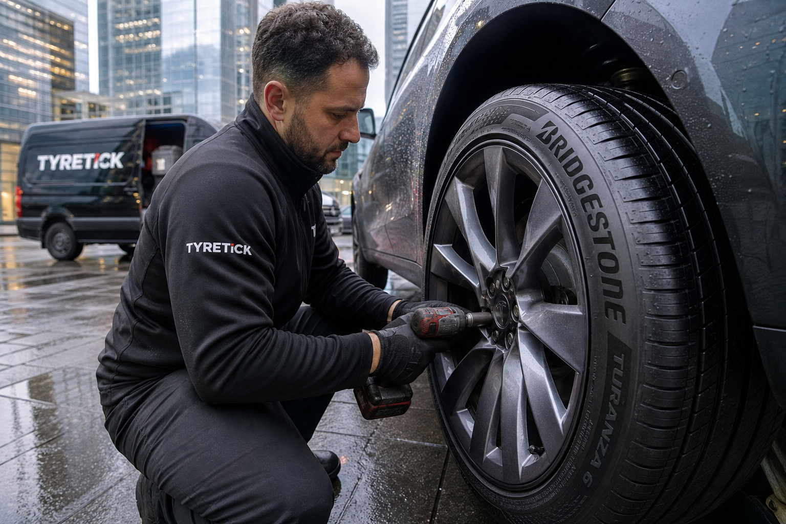 Mobile fitting Bridgestone tyres on a Tesla Model 3 in Canary Wharf