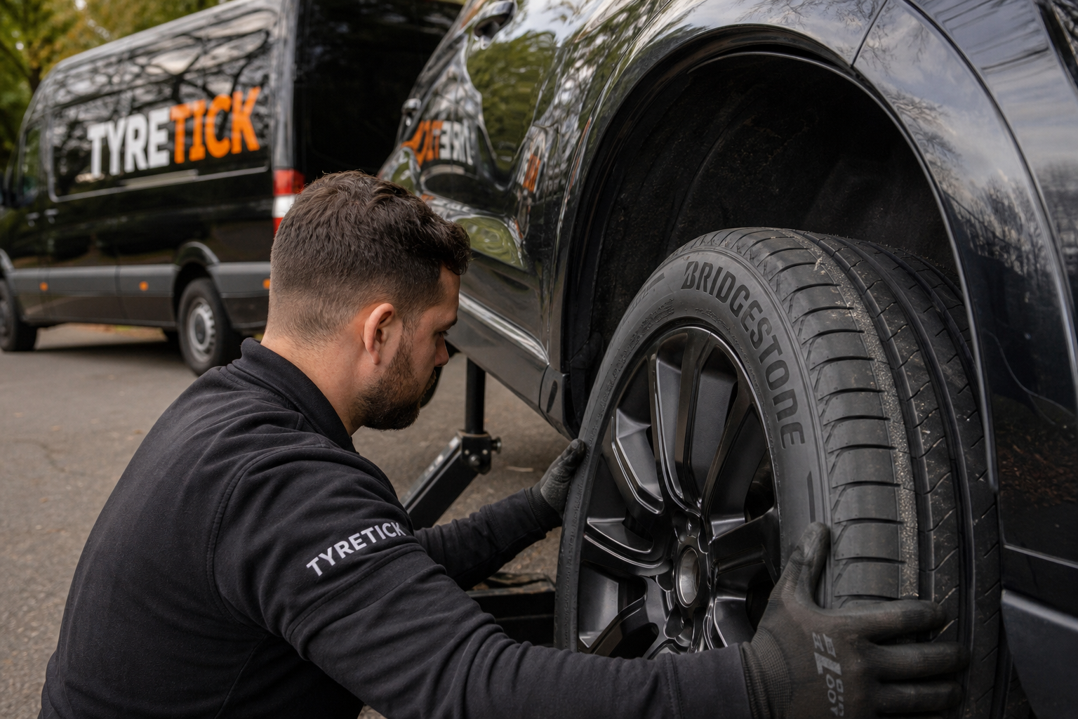 Bridgestone tyres on a Range Rover Evoque during mobile fitting in Richmond