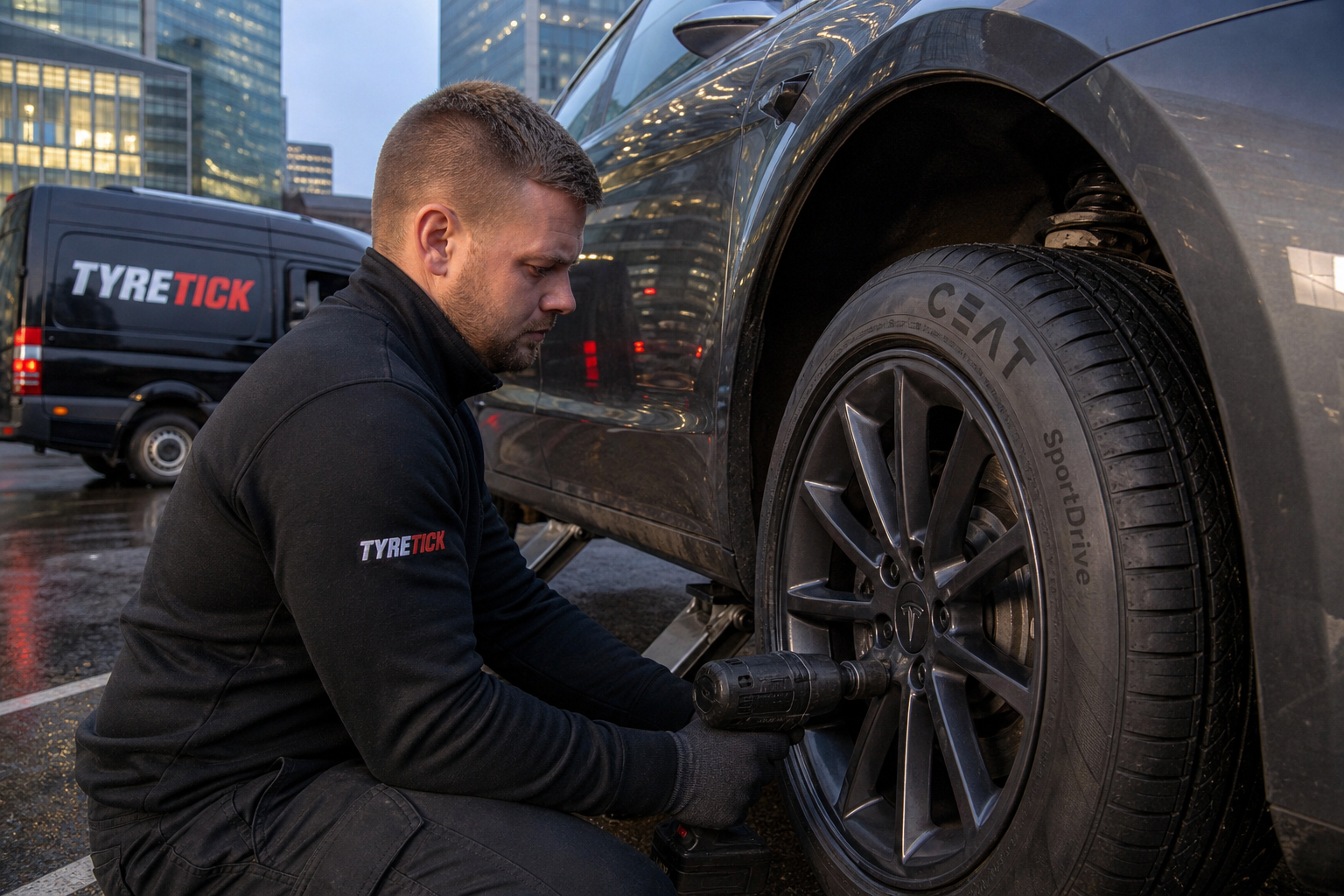 CEAT tyres being fitted to a Tesla Model 3 in Canary Wharf