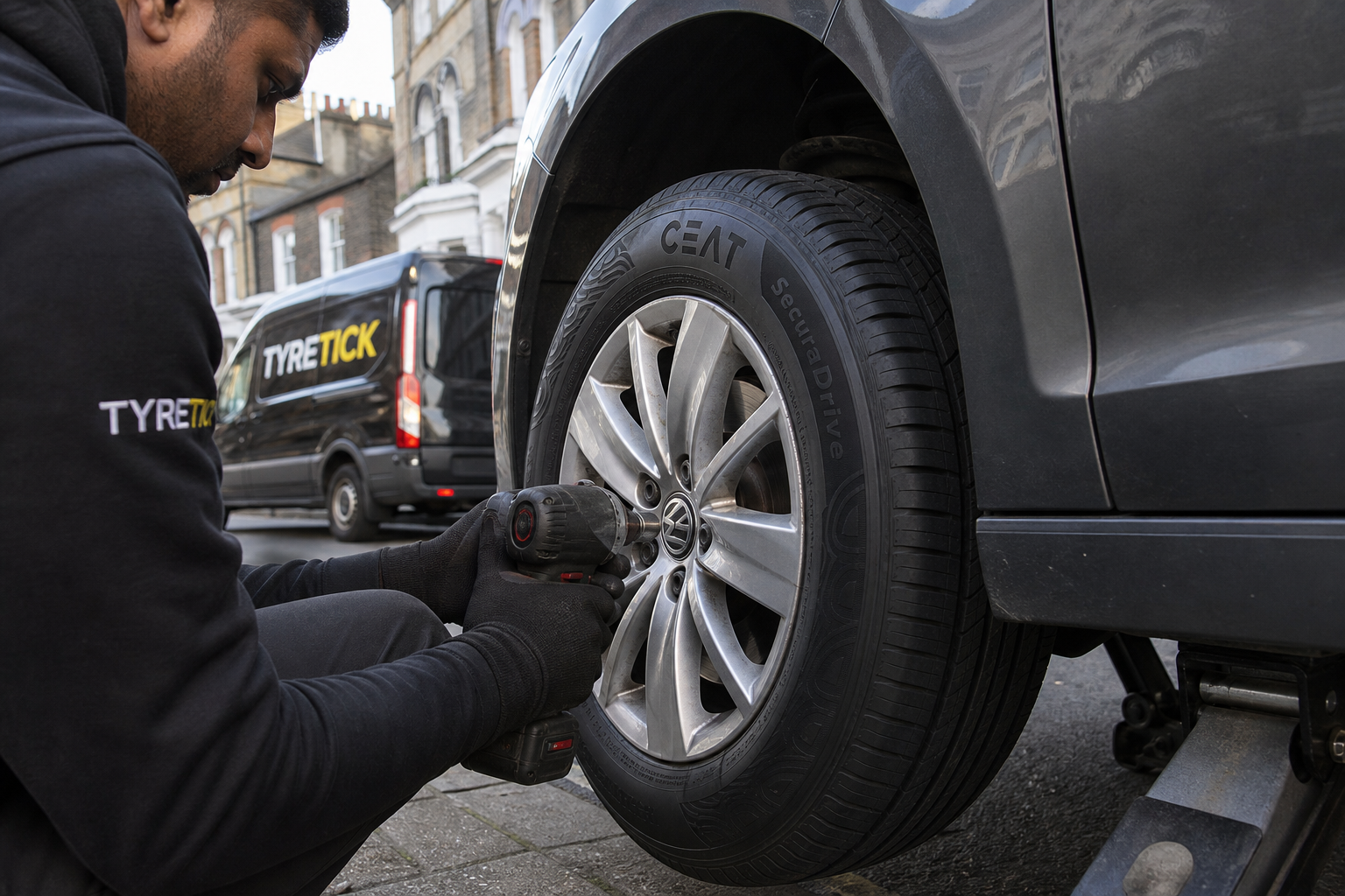 Mobile fitting of CEAT tyres on a Volkswagen Golf in Clapham