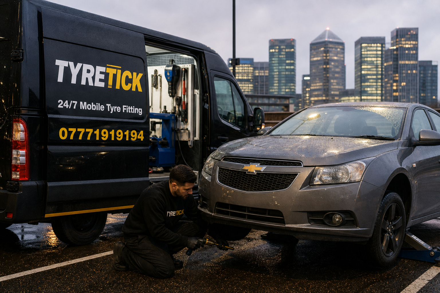 Mobile tyre fitting for a Chevrolet Cruze in a Canary Wharf office car park
