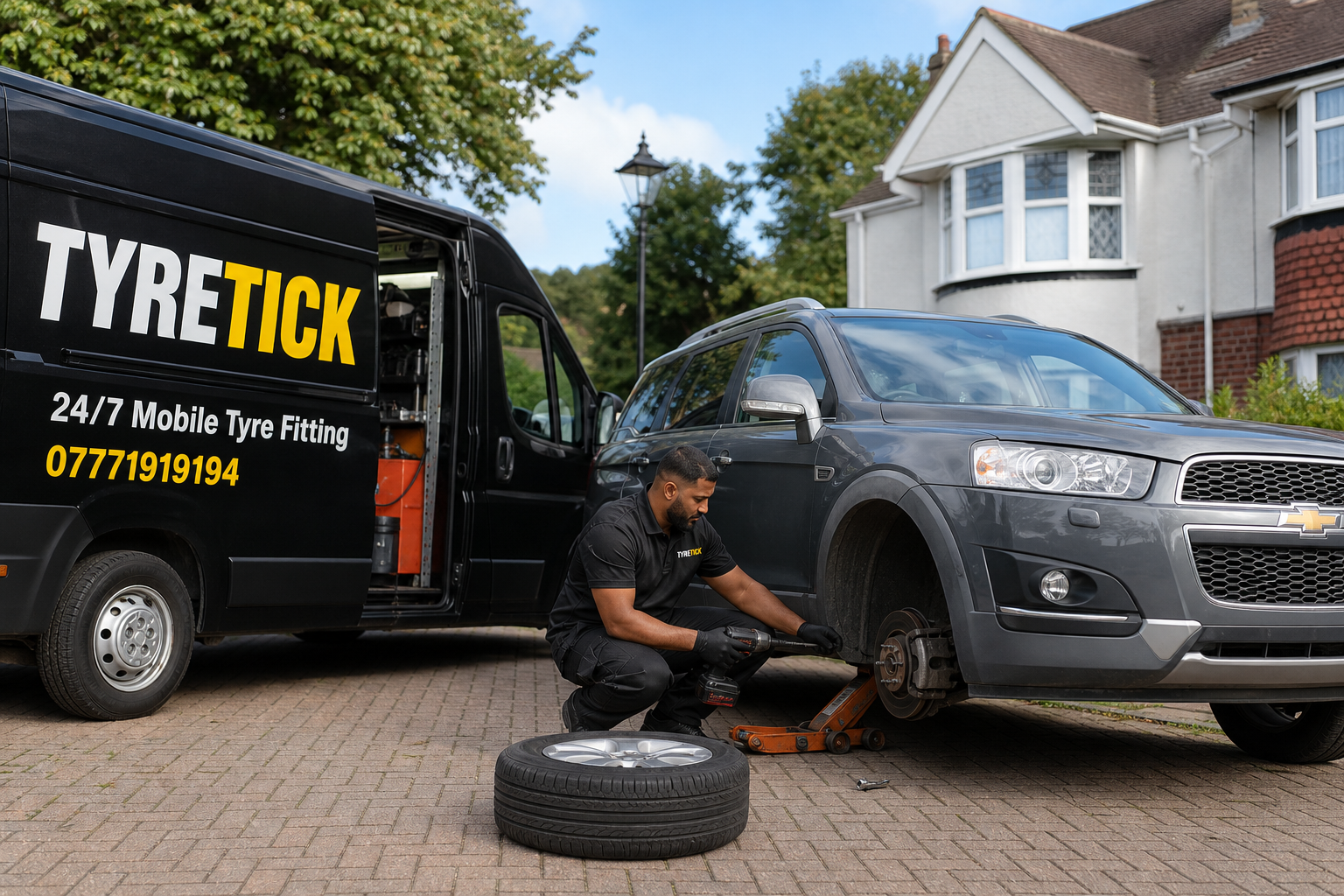Chevrolet Captiva receiving mobile tyre replacement on a Wimbledon driveway