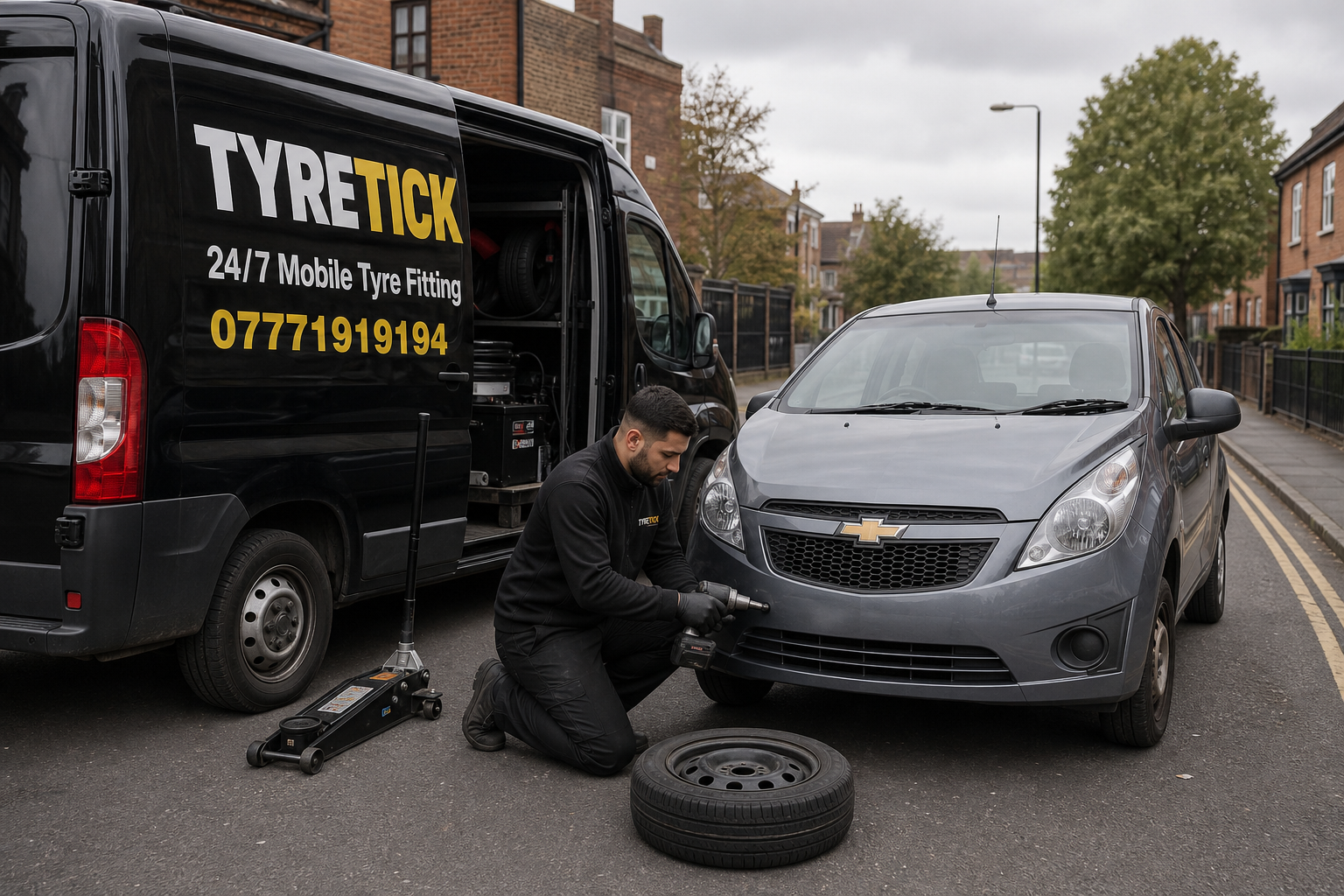 Chevrolet Spark mobile tyre repair on a Hackney side street