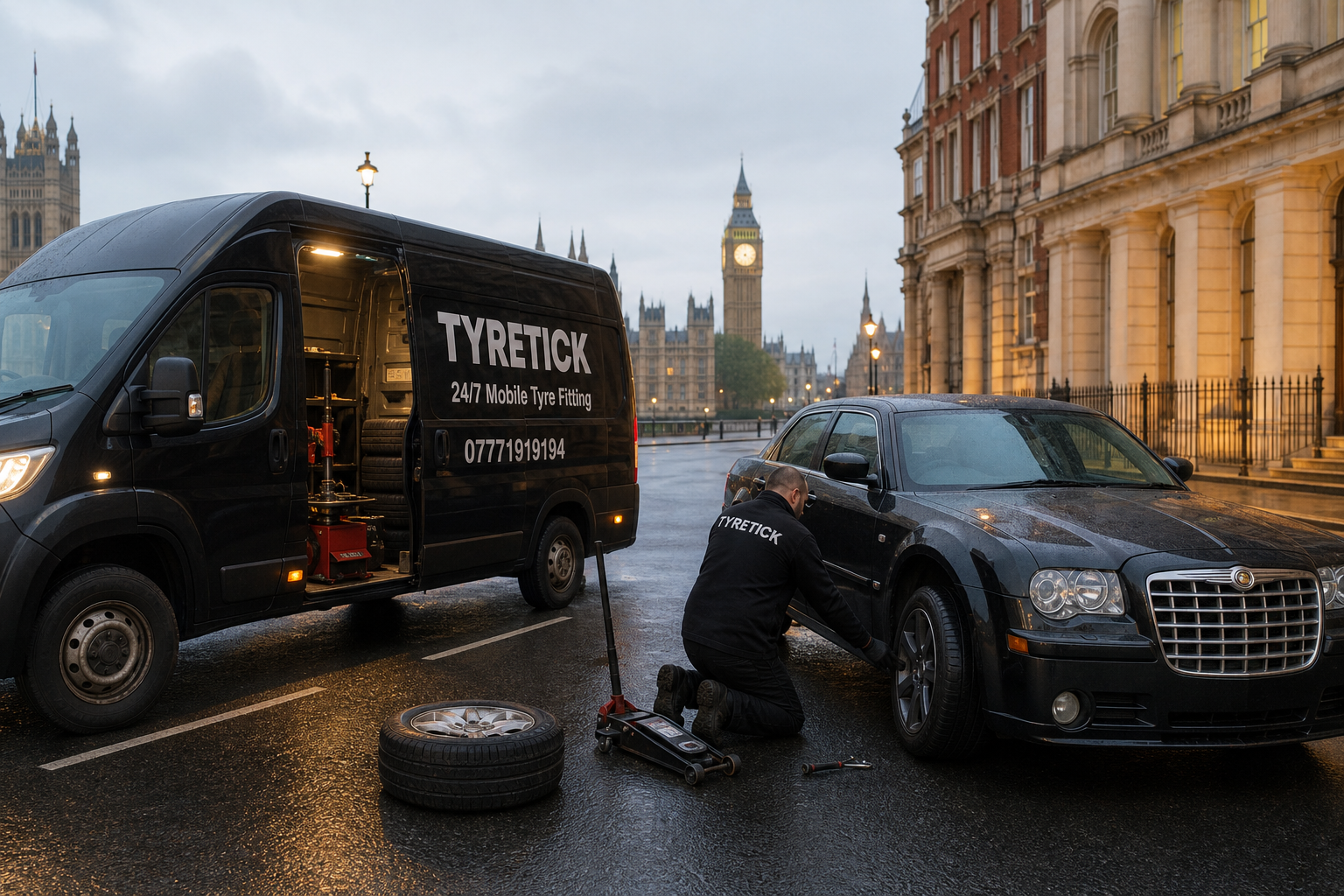 Mobile tyre fitting for a Chrysler 300C on a wet Westminster street