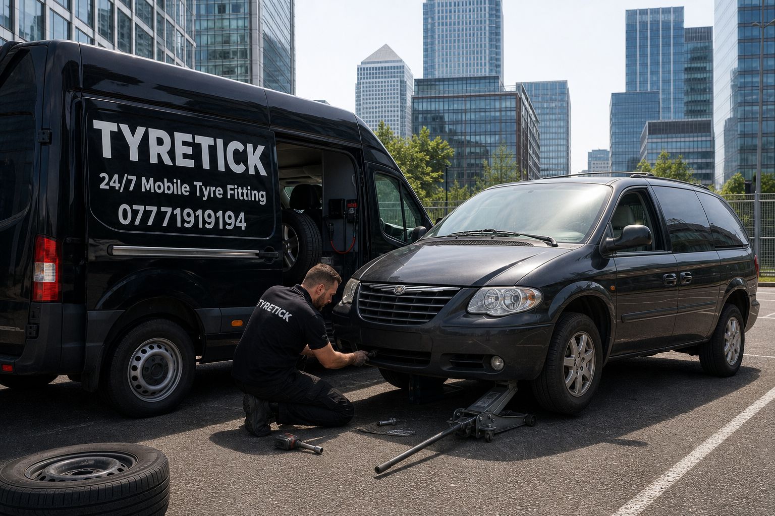 Chrysler Grand Voyager mobile tyre replacement in a Canary Wharf office car park