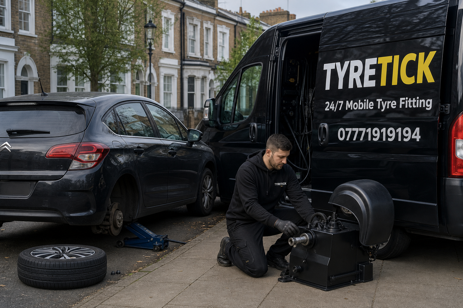 Citroen C4 receiving mobile tyre service on a residential street in Camden