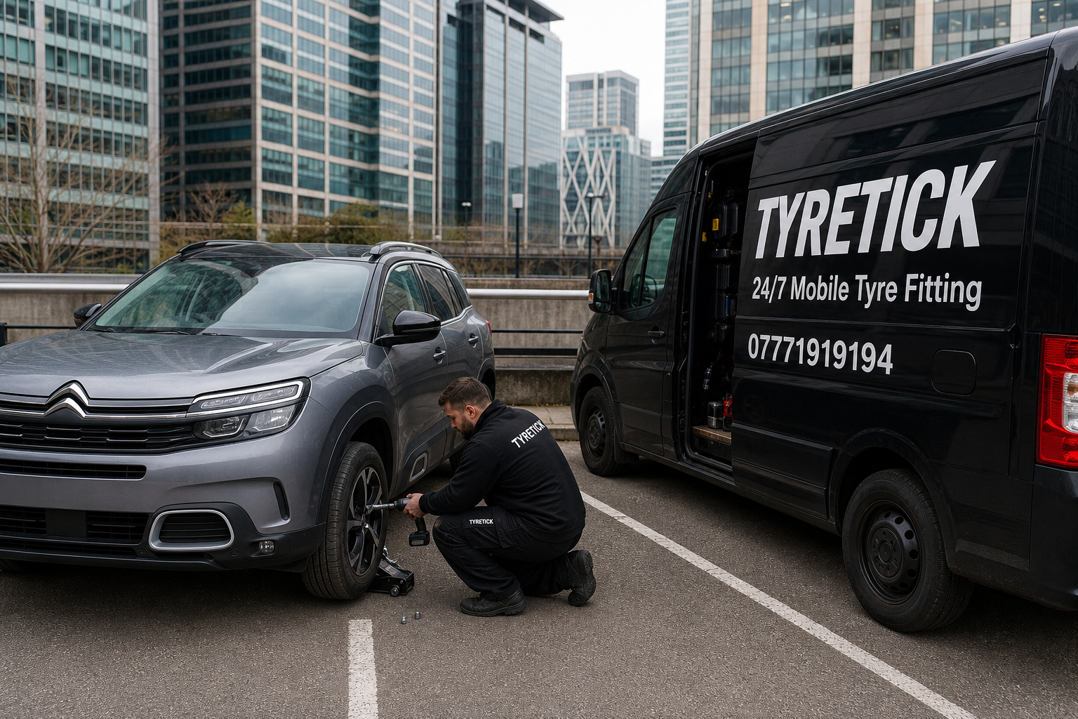 Citroen C5 Aircross mobile tyre replacement in a Canary Wharf office car park