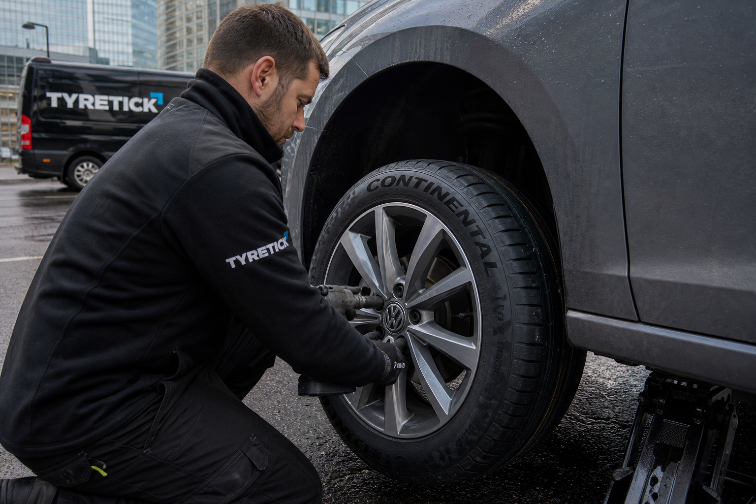 Continental tyres being fitted to a Volkswagen Golf in Canary Wharf