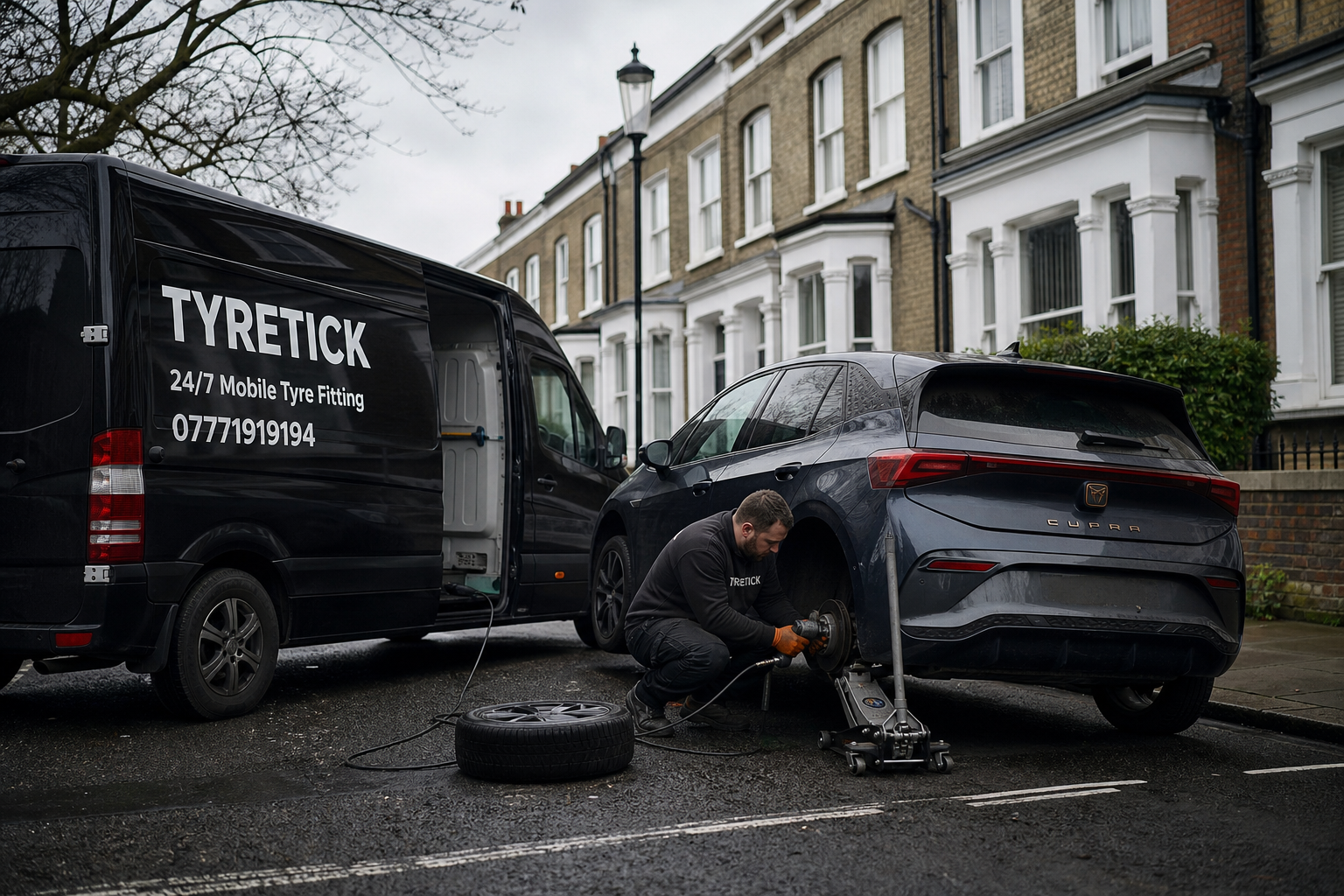 CUPRA Born receiving mobile tyre replacement on a Clapham street