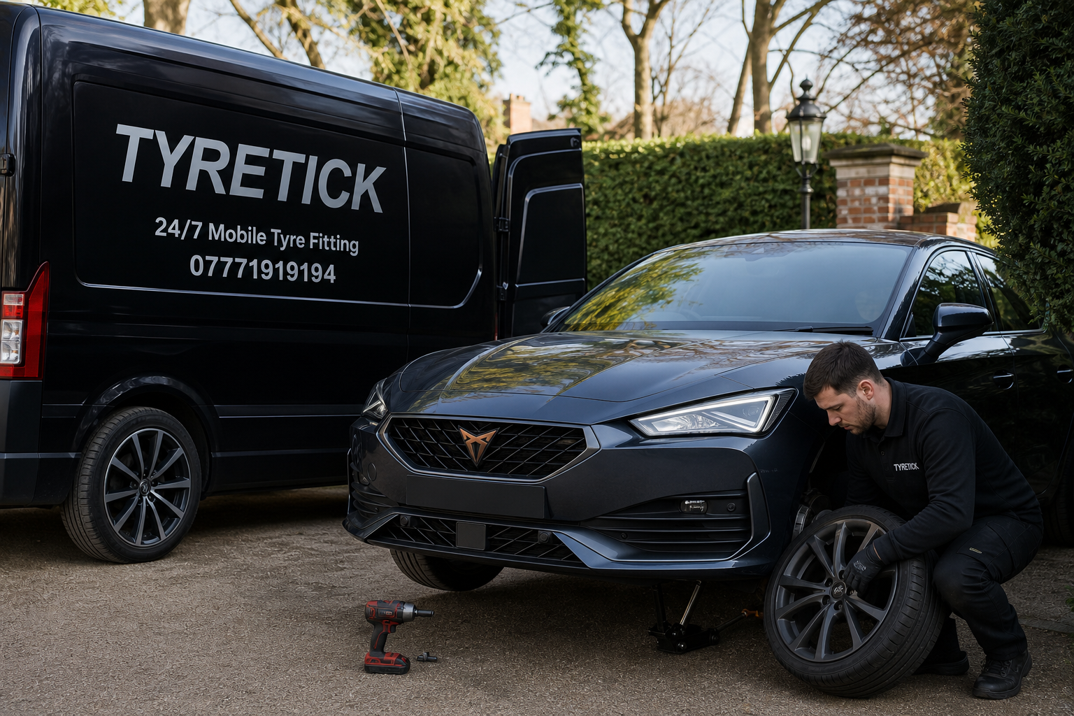 CUPRA Leon tyre service on a driveway in Richmond