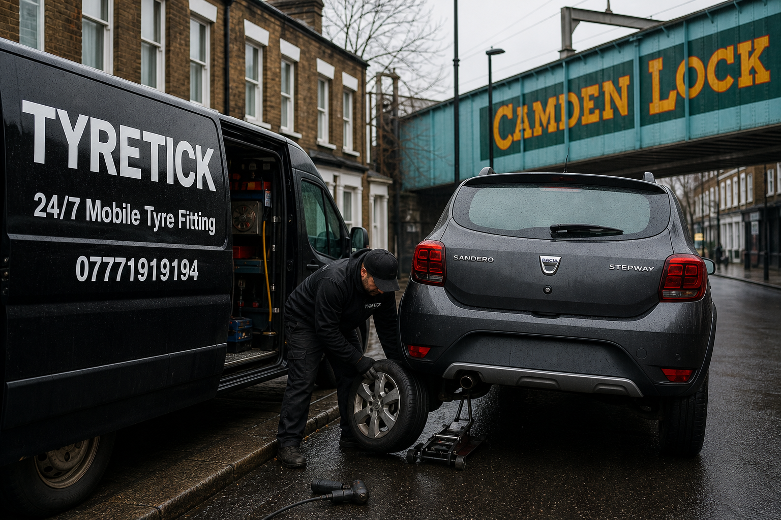 Mobile tyre fitting for a Dacia Sandero Stepway on a Camden street