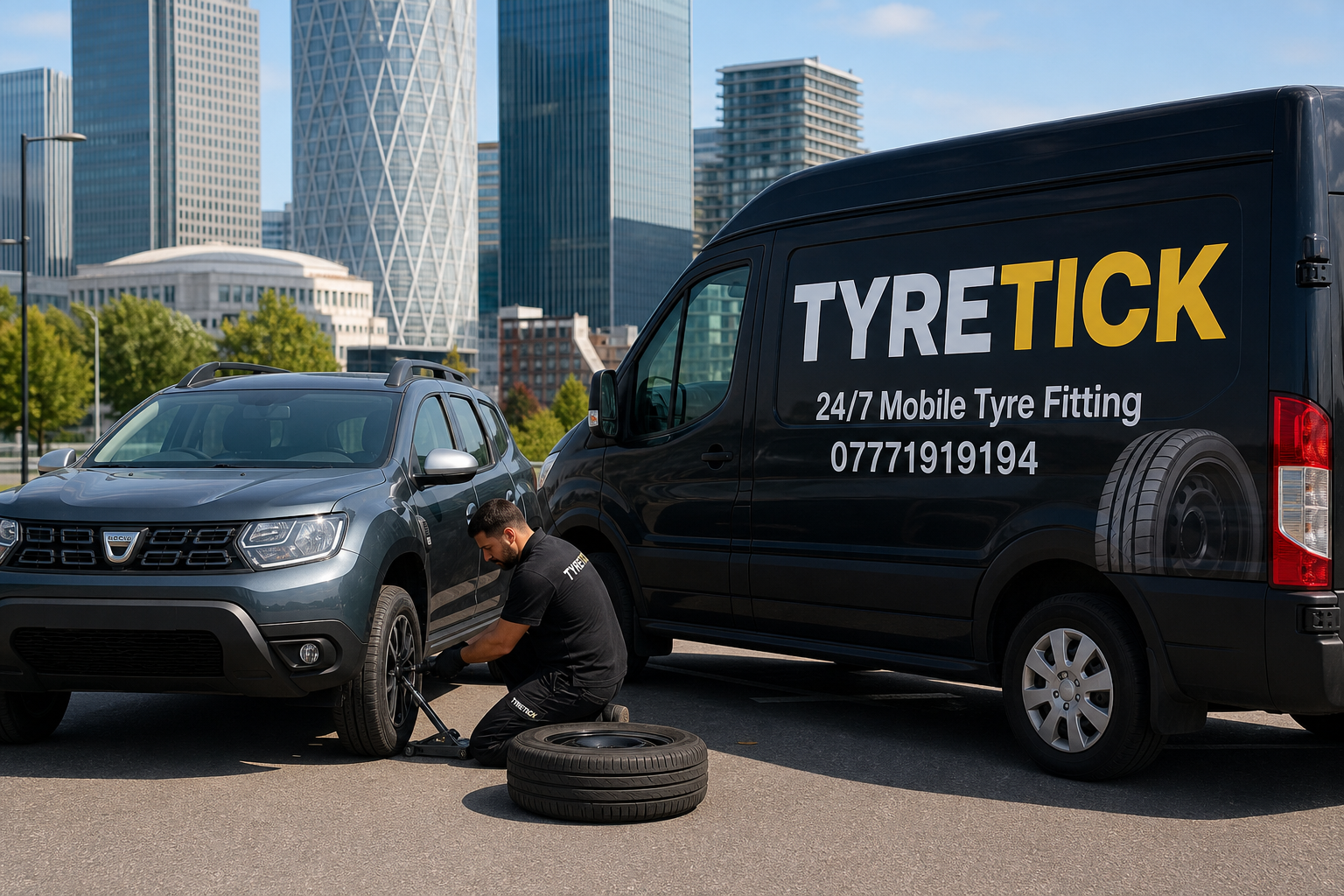 Dacia Duster tyre replacement in a Canary Wharf office car park