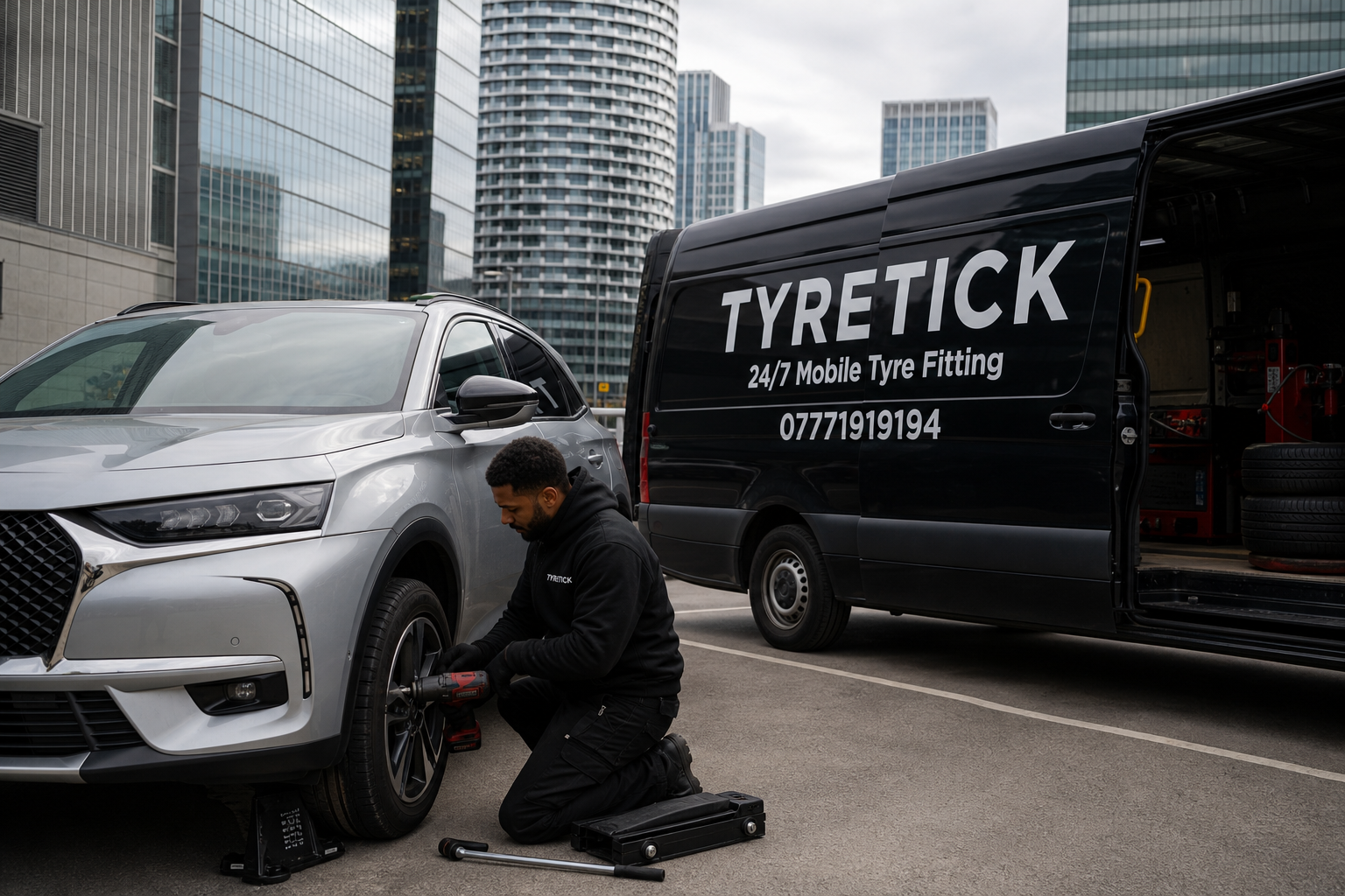 Mobile tyre fitting for a silver DS 7 in Canary Wharf office car park