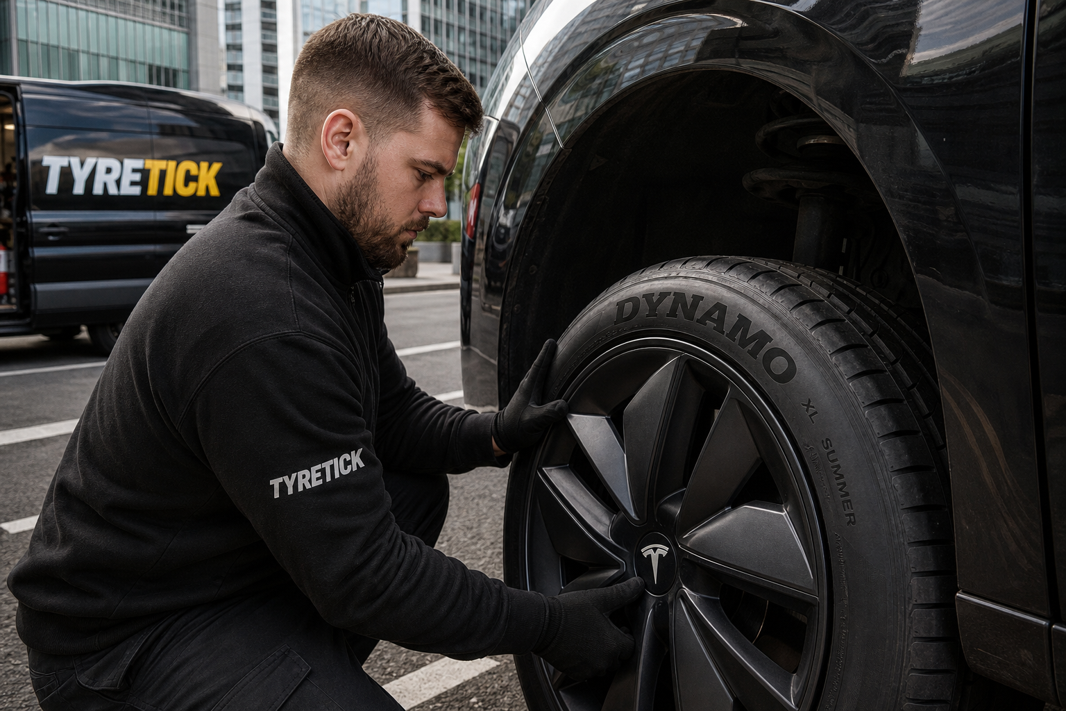 Dynamo tyres fitted to a Tesla Model 3 in Canary Wharf office car park
