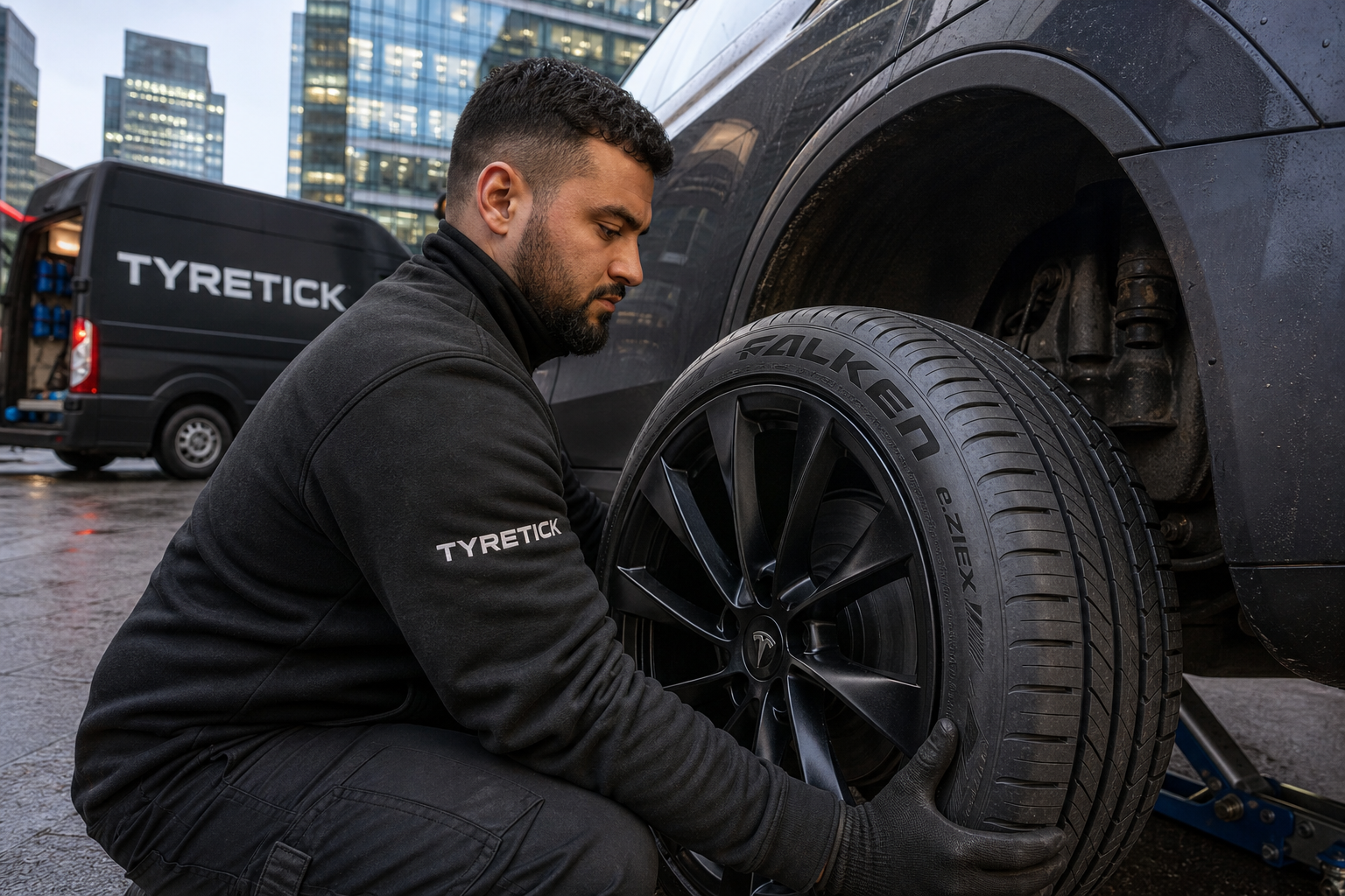 Mobile technician fitting Falken tyres to a Tesla Model 3 in Canary Wharf