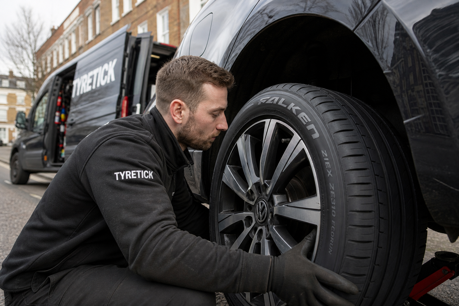 Falken tyres being fitted to a Volkswagen Golf on a Clapham street
