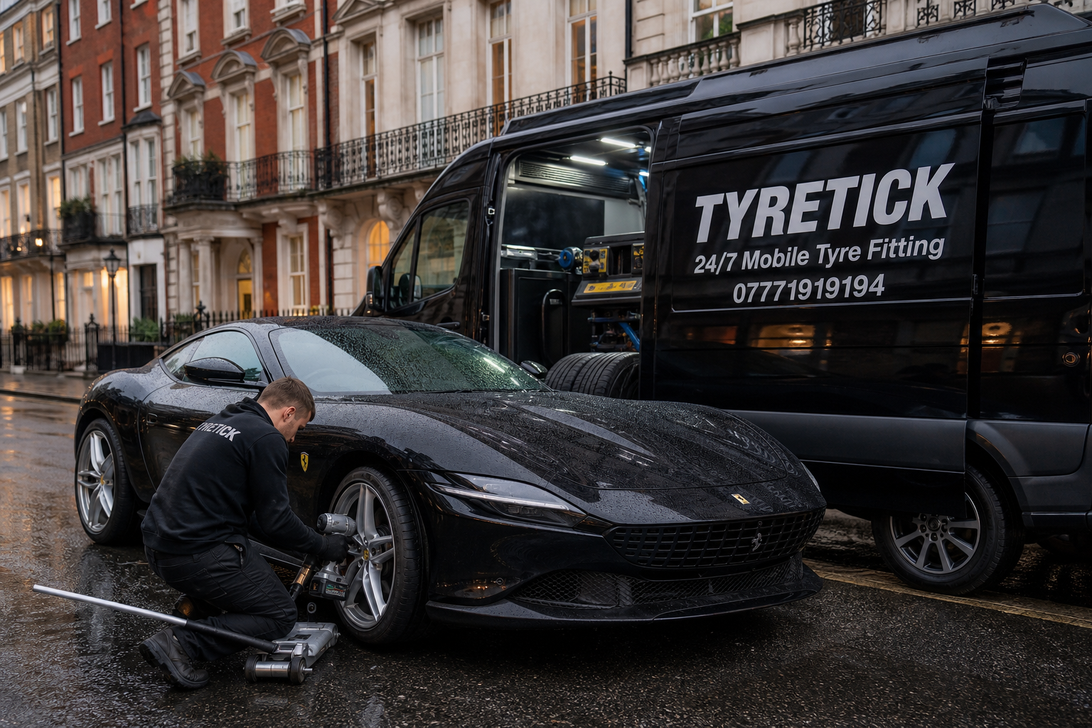 Ferrari Roma mobile tyre fitting in Mayfair London after rain