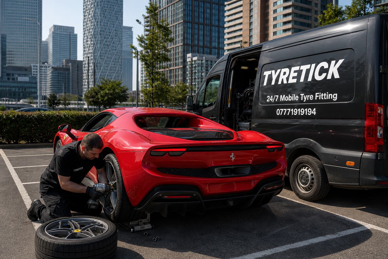 Ferrari 296 GTB tyre replacement in Canary Wharf office car park
