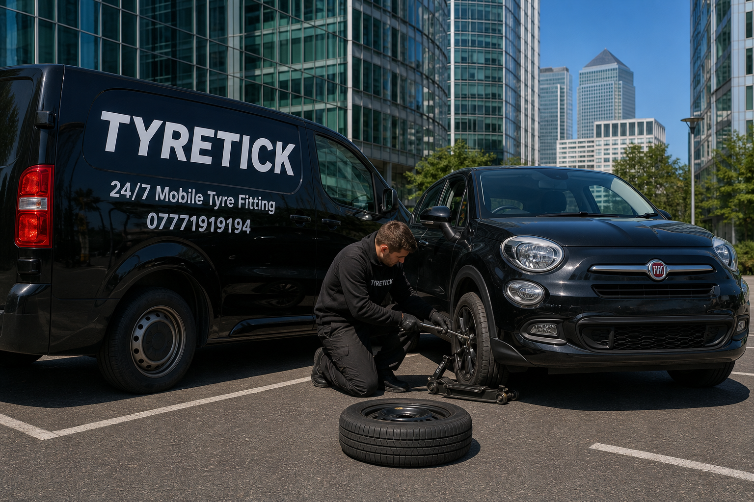 Fiat 500X mobile tyre replacement in a Canary Wharf office car park