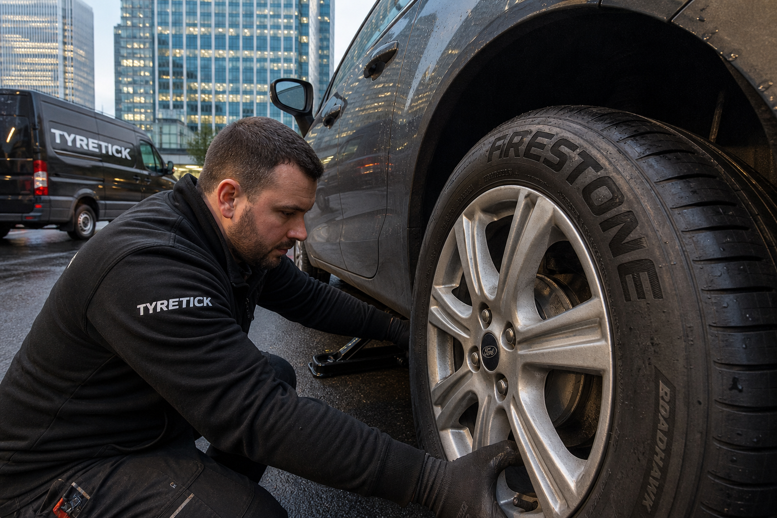 Mobile fitting Firestone tyres on a Ford Focus in Canary Wharf