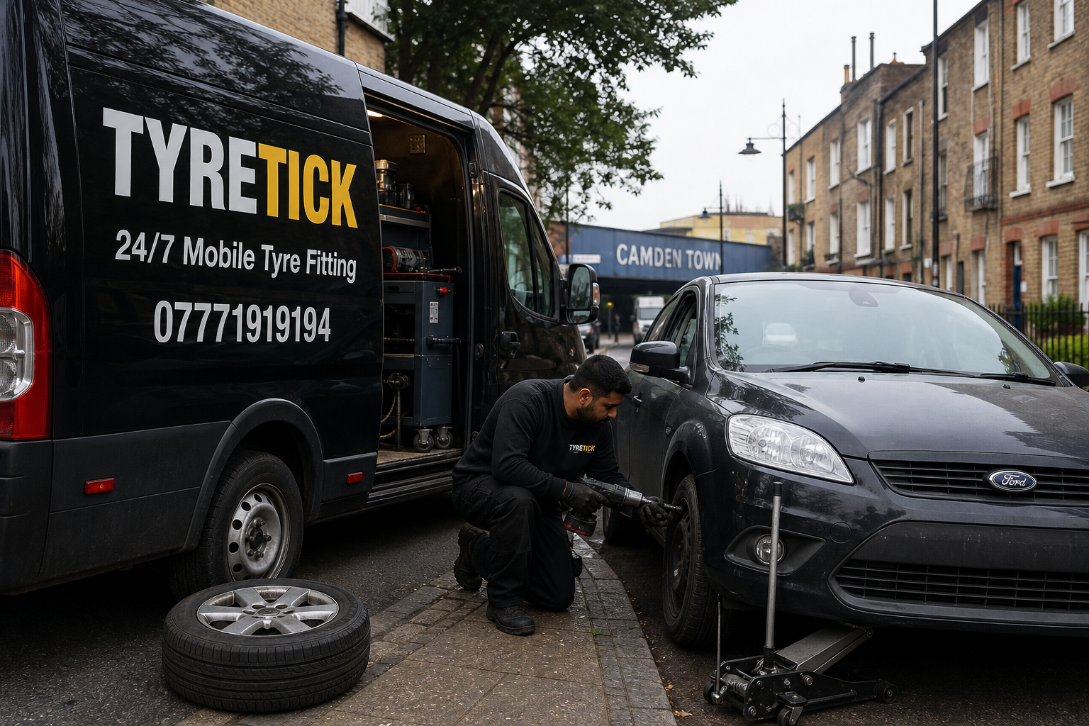 Mobile tyre fitting for a Ford Focus on a Camden street