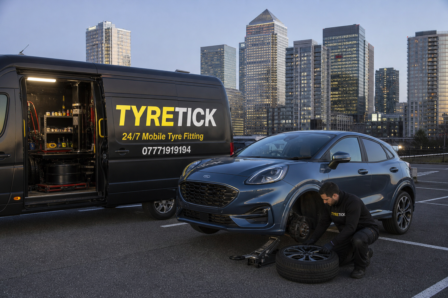 Ford Puma receiving mobile puncture help in Canary Wharf