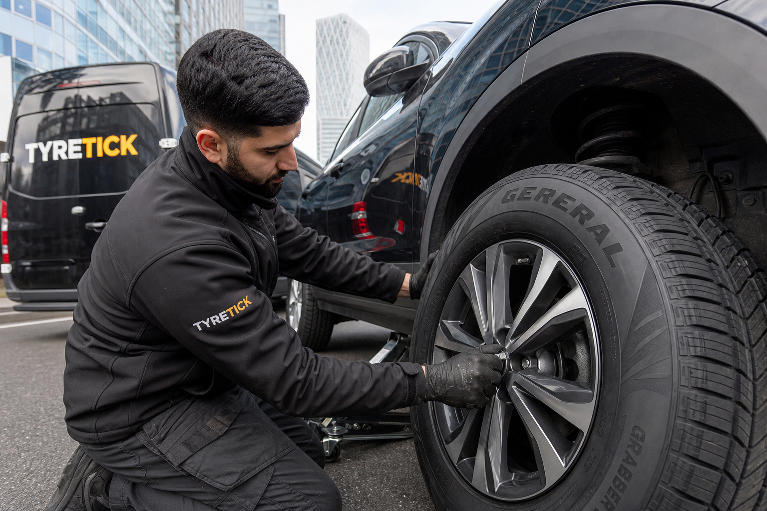 General tyres fitted to a Nissan Qashqai in a Canary Wharf office car park