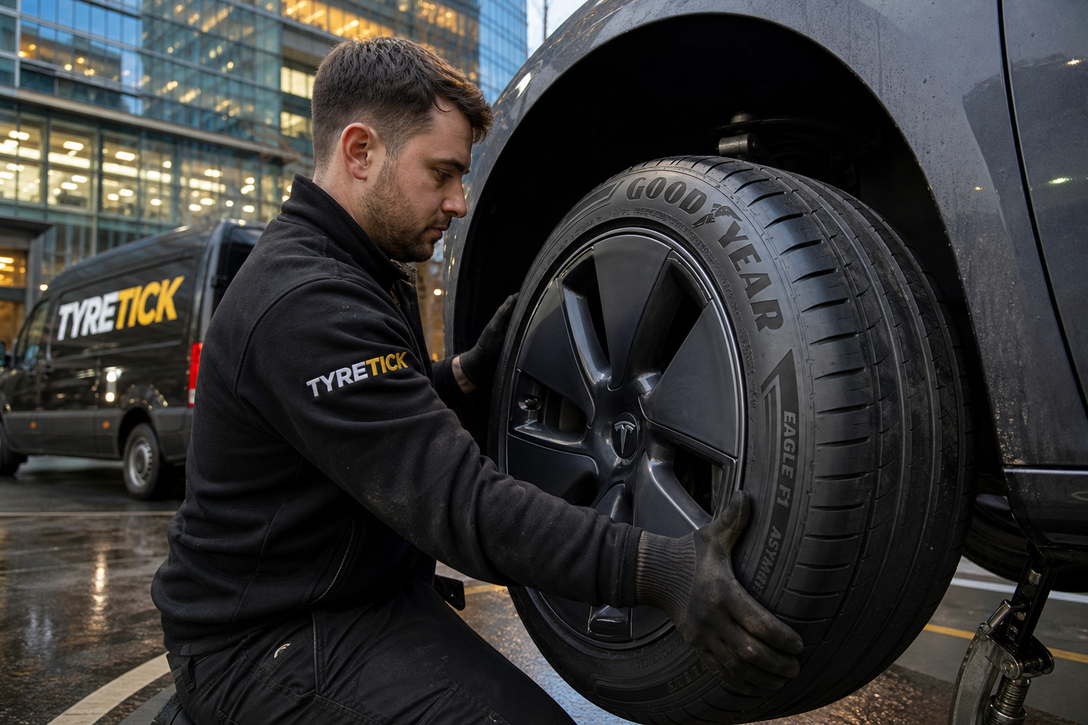Goodyear tyres fitted to a Tesla Model 3 in Canary Wharf by a mobile tyre technician