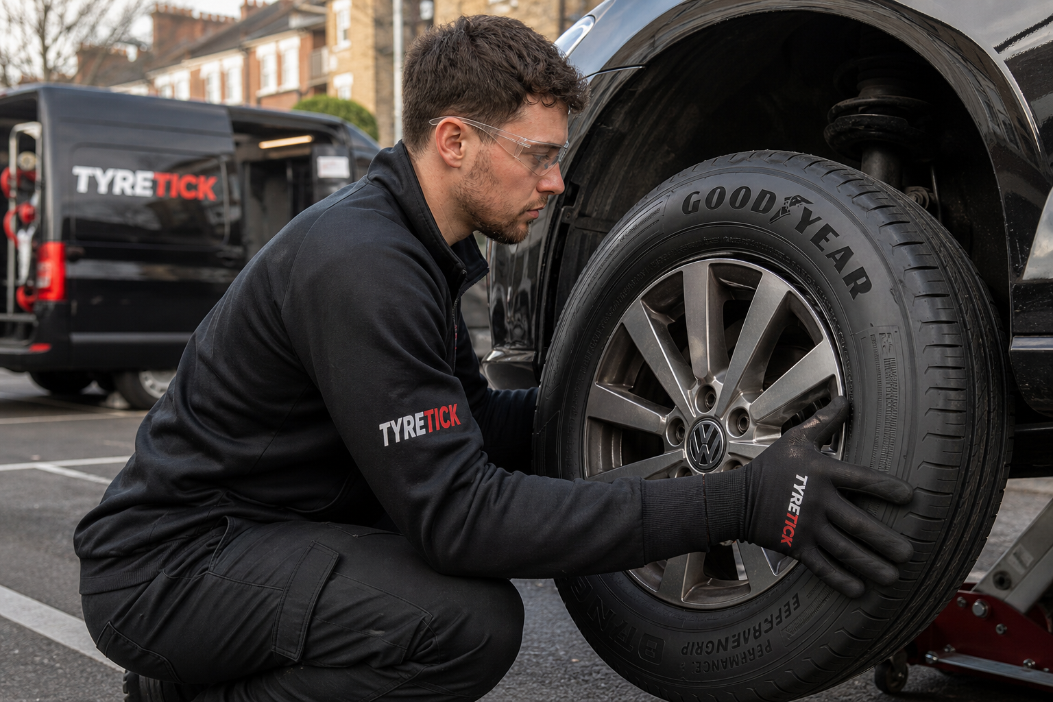 Goodyear tyres being fitted to a Volkswagen Golf on a Clapham street