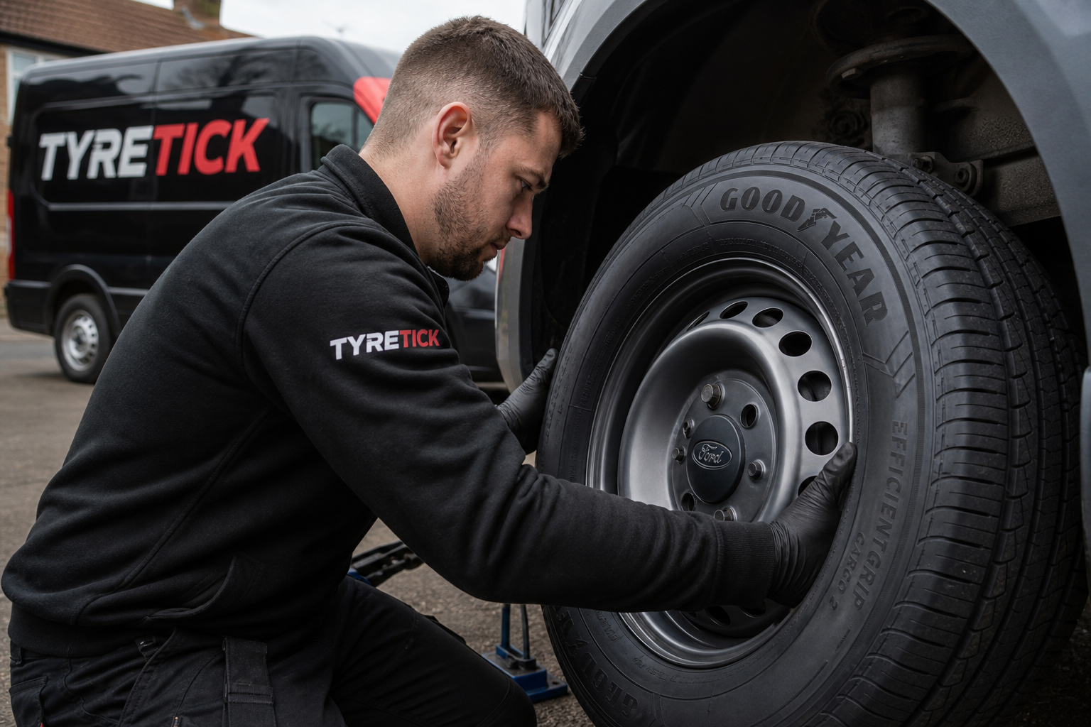 Goodyear tyres fitted to a Ford Transit Custom van on a driveway in Harrow