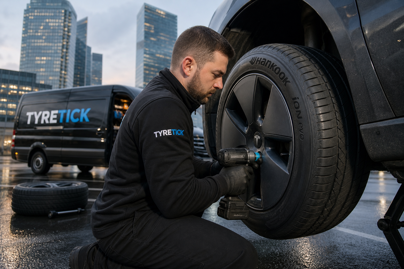 Hankook tyres being fitted to a Tesla Model 3 in Canary Wharf