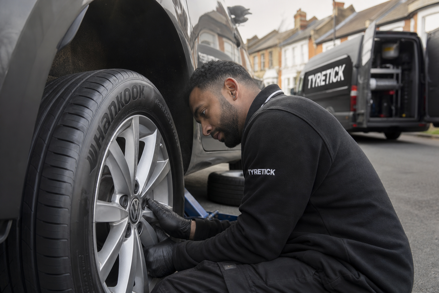 Mobile fitting of Hankook tyres on a Volkswagen Golf in Clapham